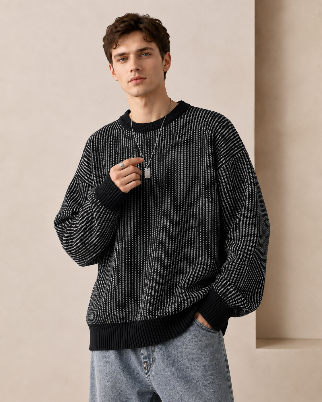 Close-up of the sweater's textured knit and stripe pattern
