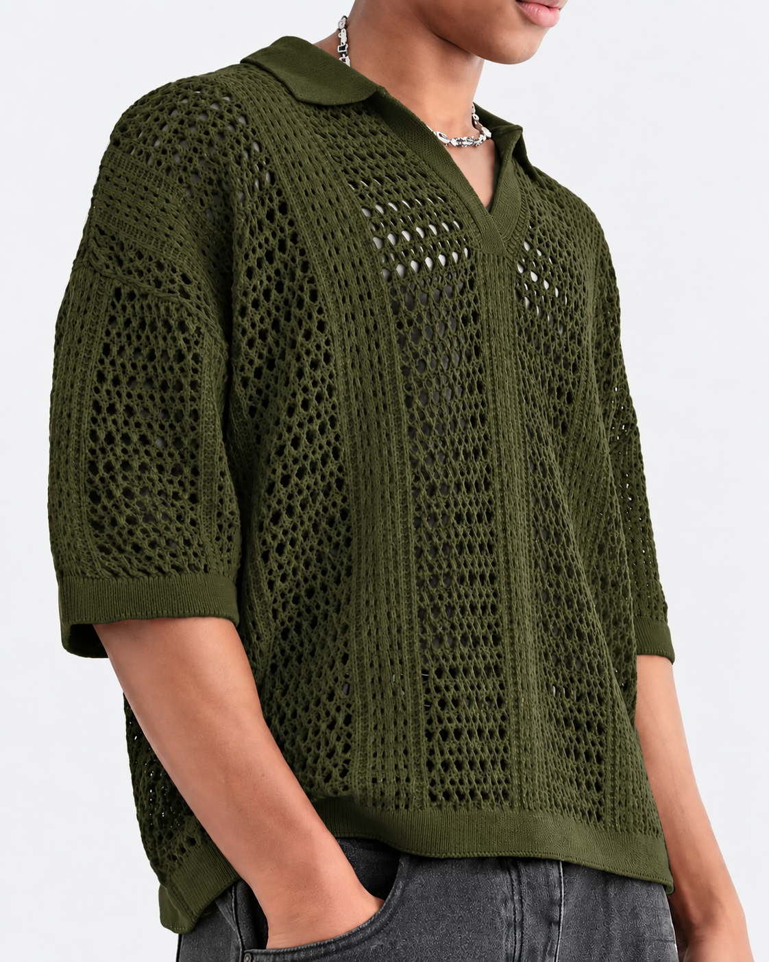 Lattice-textured polo shirt with short sleeves