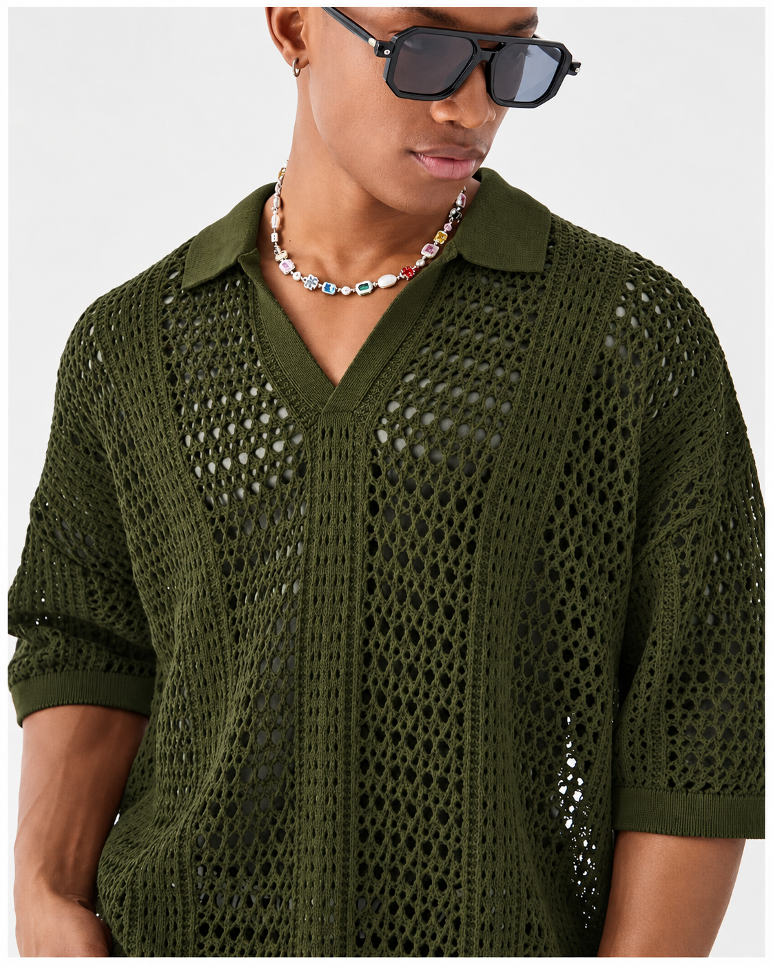 Men's open-knit lattice polo shirt with a classic collar