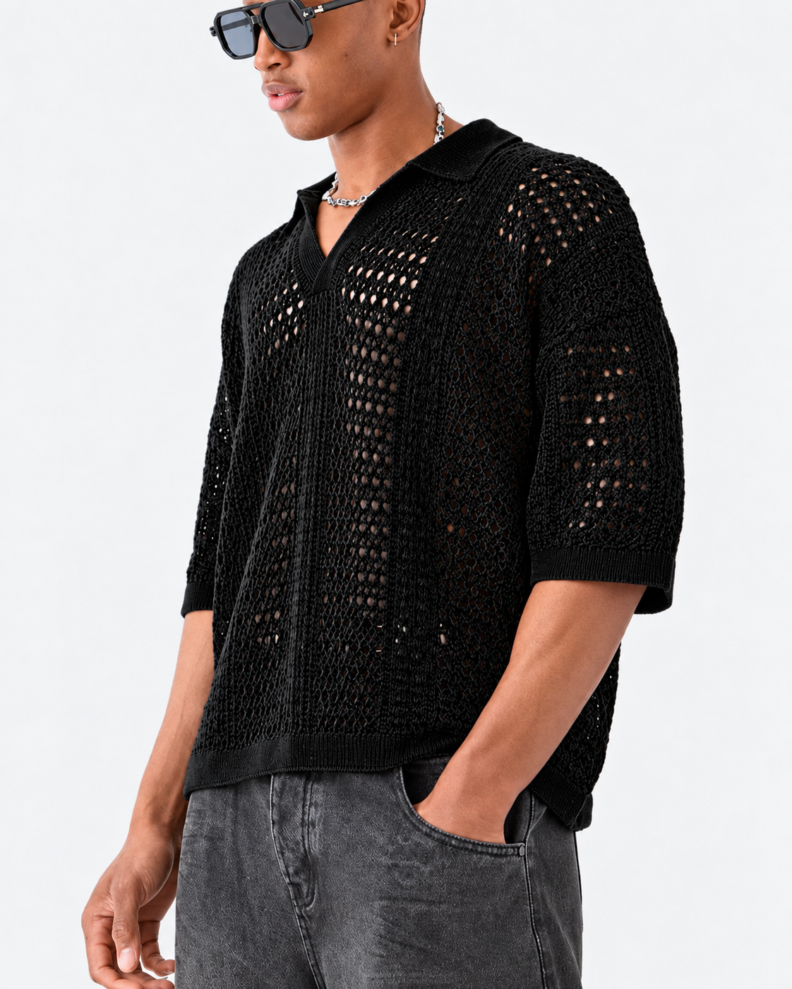 Open-knit polo shirt showing the button placket
