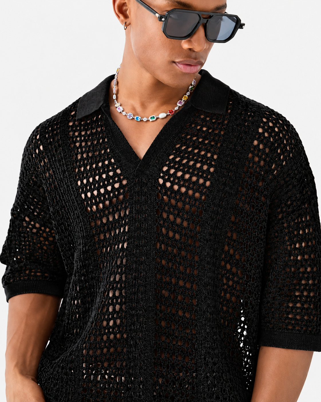 Relaxed-fit open-knit polo shirt detail