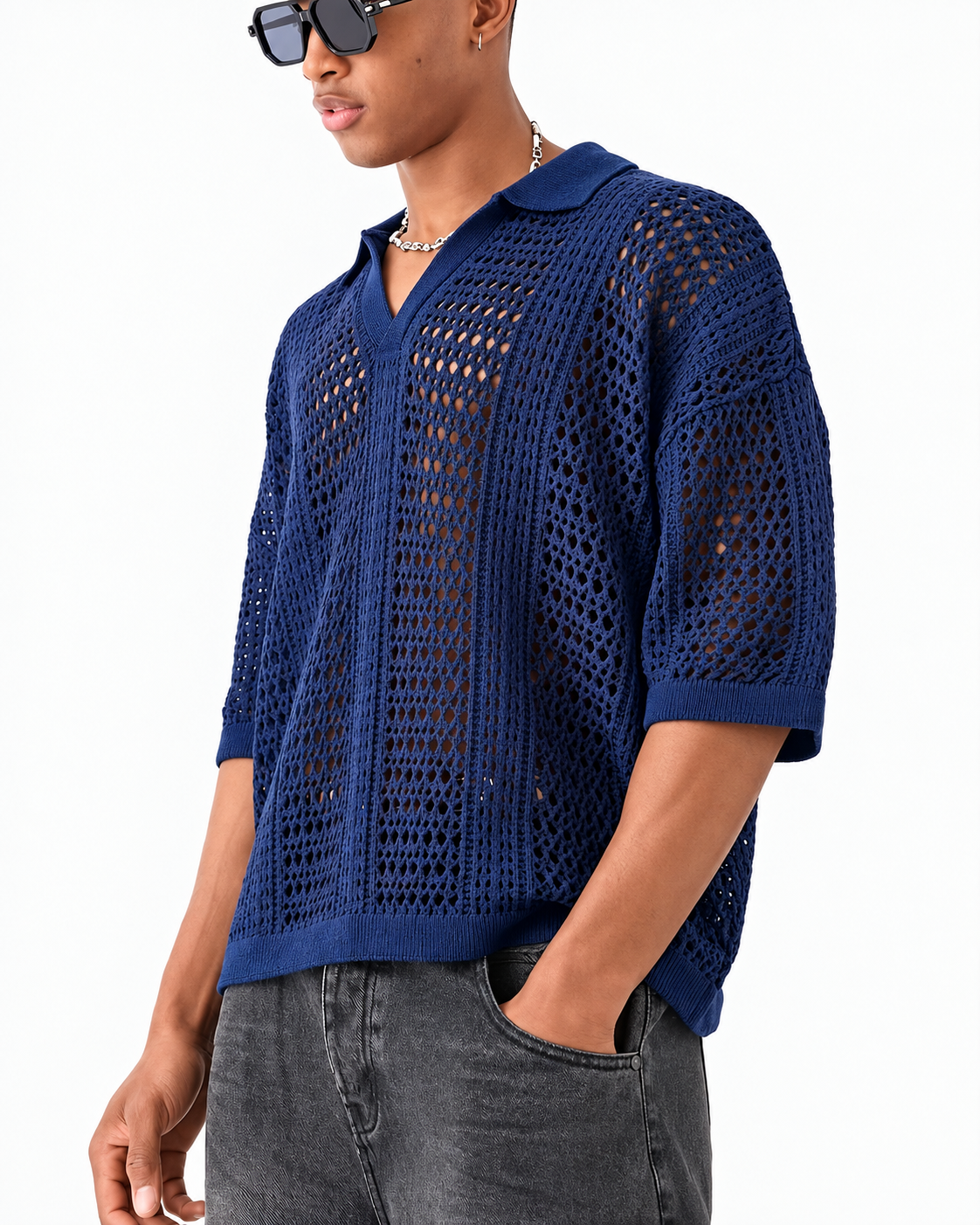 Open-Knit Lattice Polo Shirt