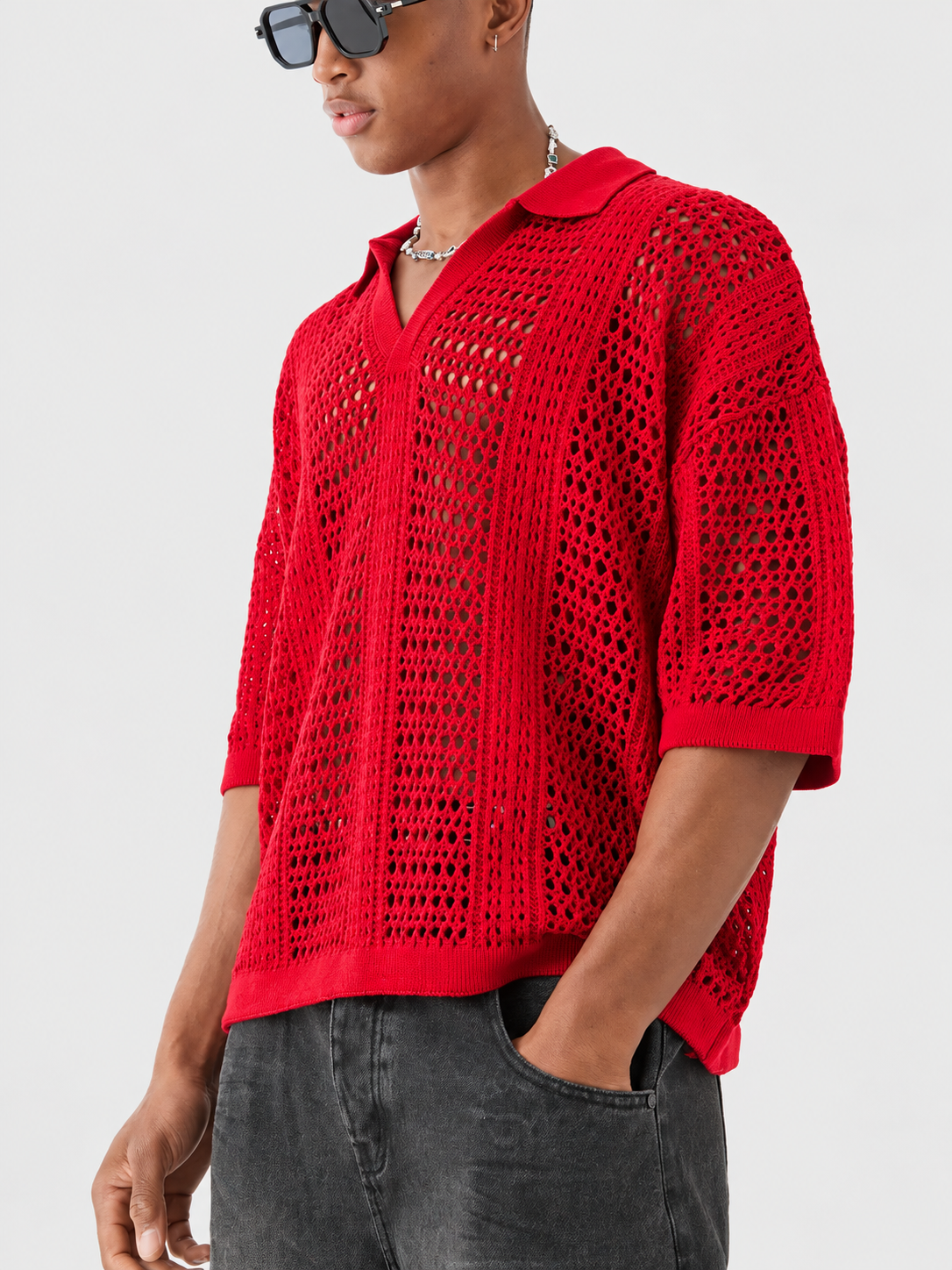 Open-Knit Lattice Polo Shirt