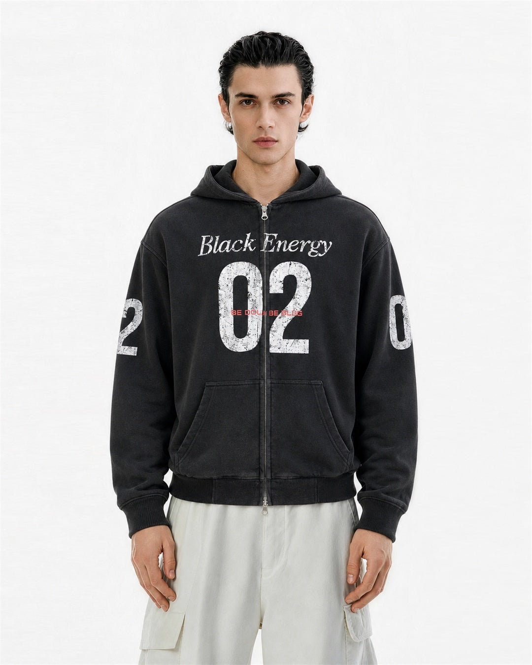 Graphic boxy zip-up hoodie with a distressed number print on the front
