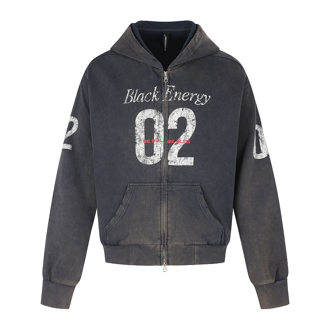 Boxy unisex hoodie showing the hood, long sleeves, and zip-front design
