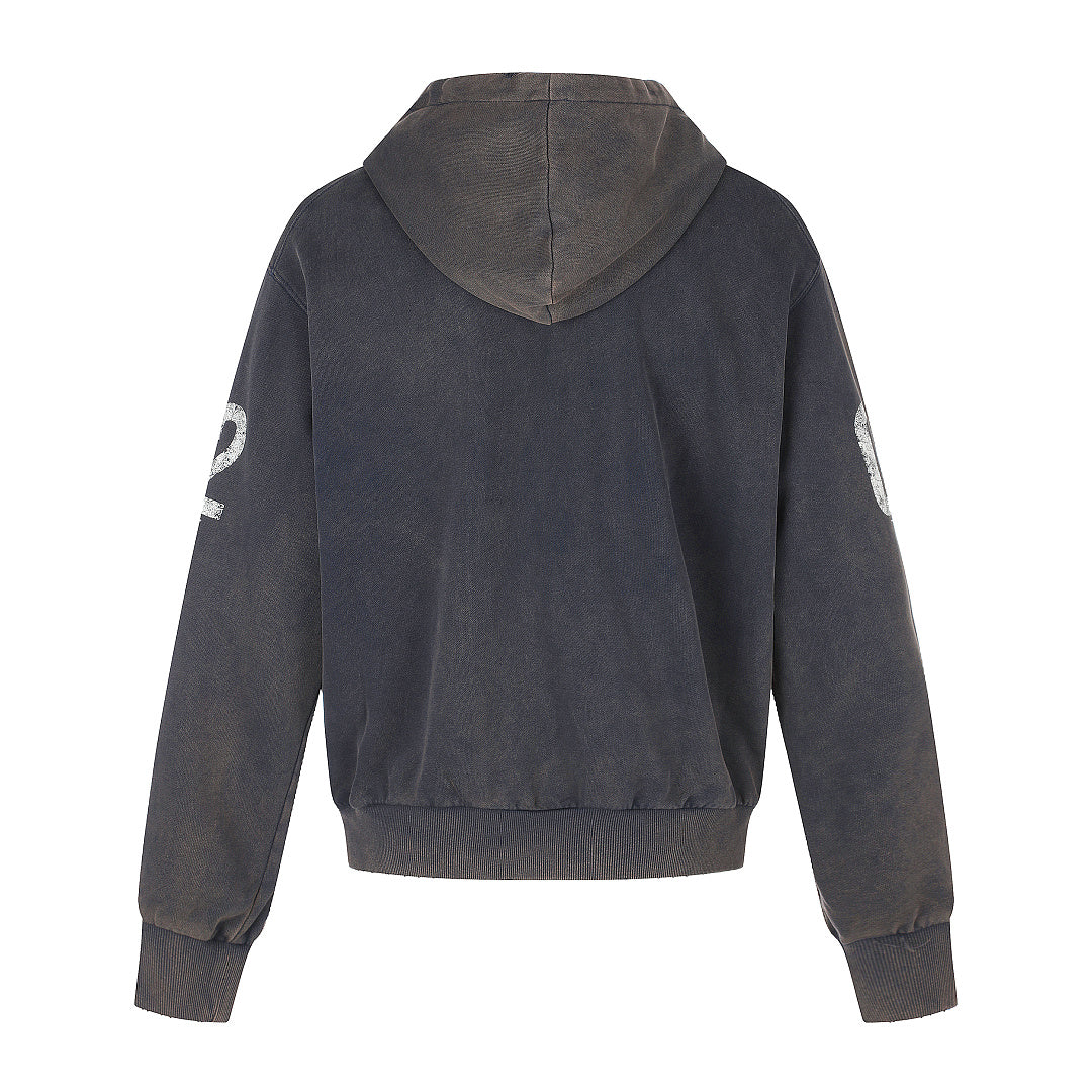 Side view of the graphic zip-up hoodie highlighting its relaxed boxy fit