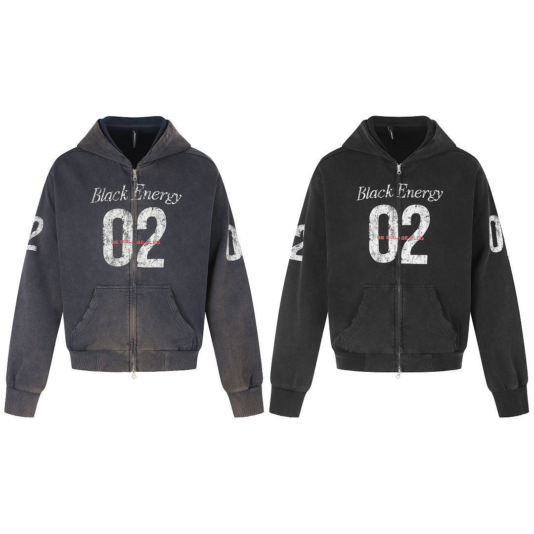 Full product view of the distressed number print boxy hoodie