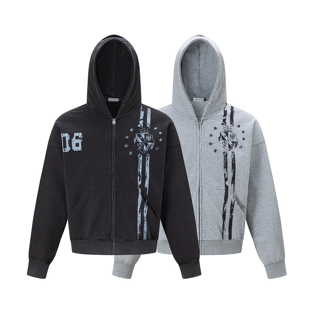 Full view of the unisex distressed graphic hoodie
