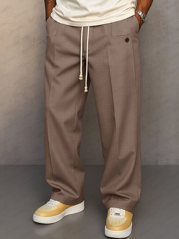 Side view showing the straight-leg cut of men's trousers
