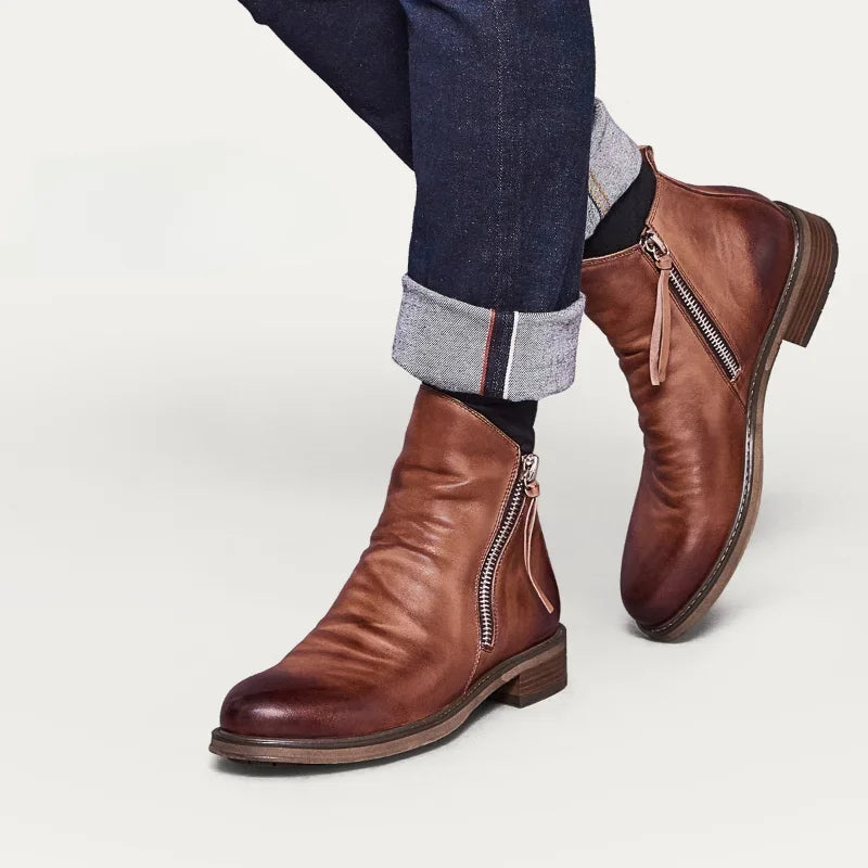 Side profile of a men's leather boot showing its ankle-high design