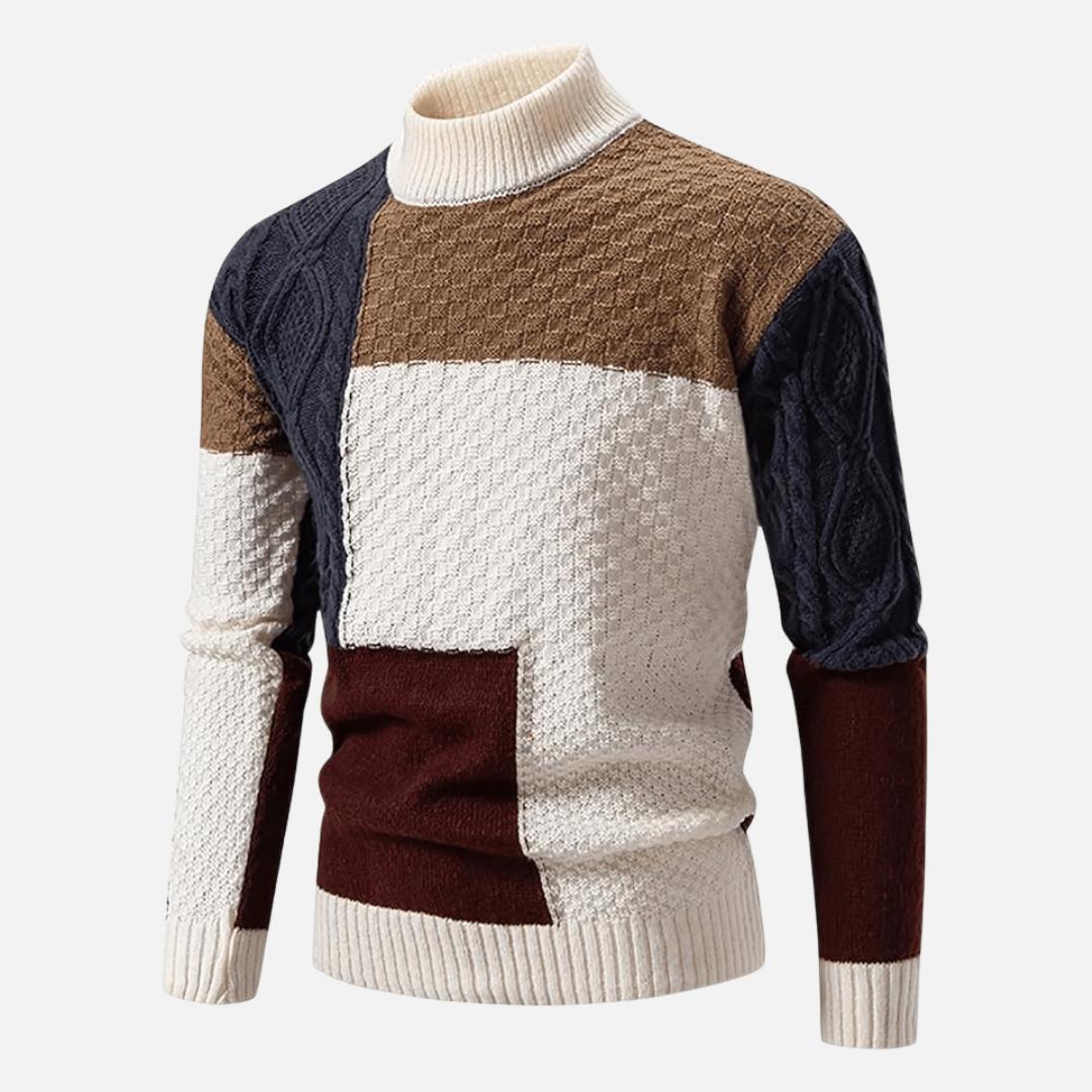 Front view of a men's patch turtleneck sweater