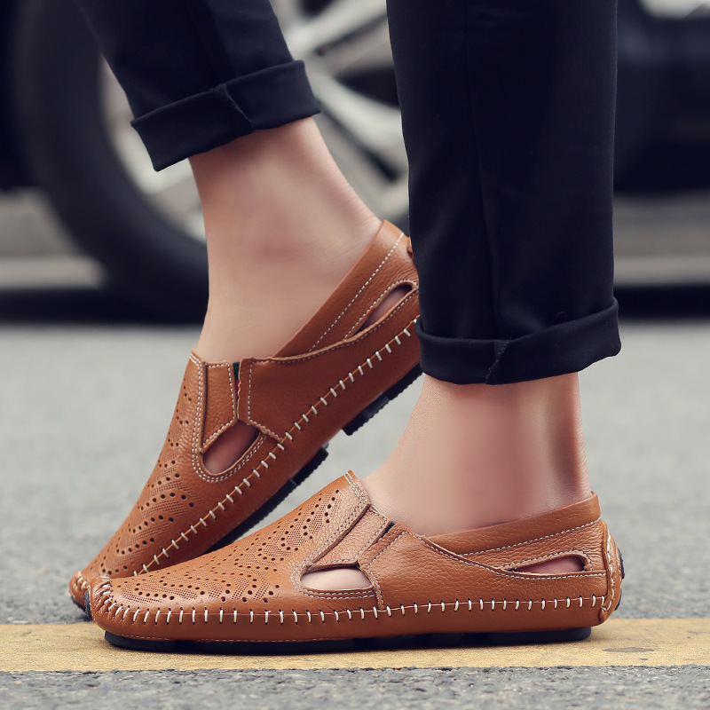 Side profile of sandals with layered perforated leather straps