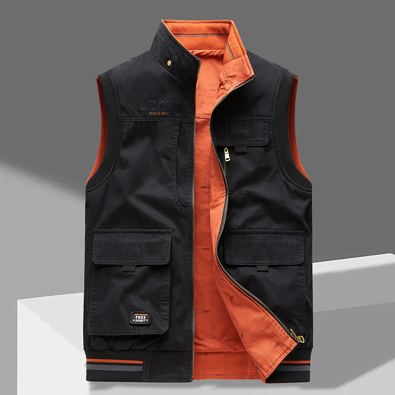 Back view of the men's outdoor utility vest with a structured, practical design