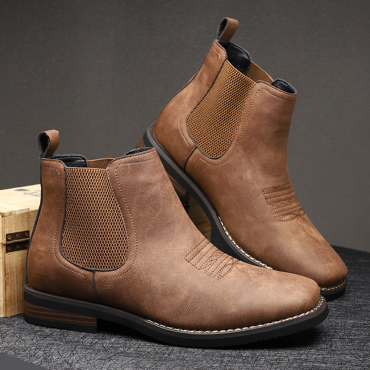 Top-down view of a pair of classic men's boots