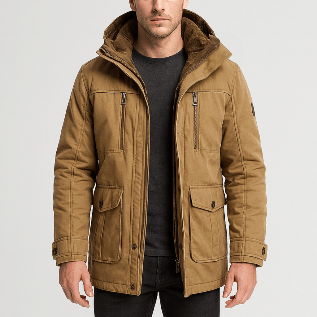 Full view of a men's winter jacket designed for everyday outdoor wear