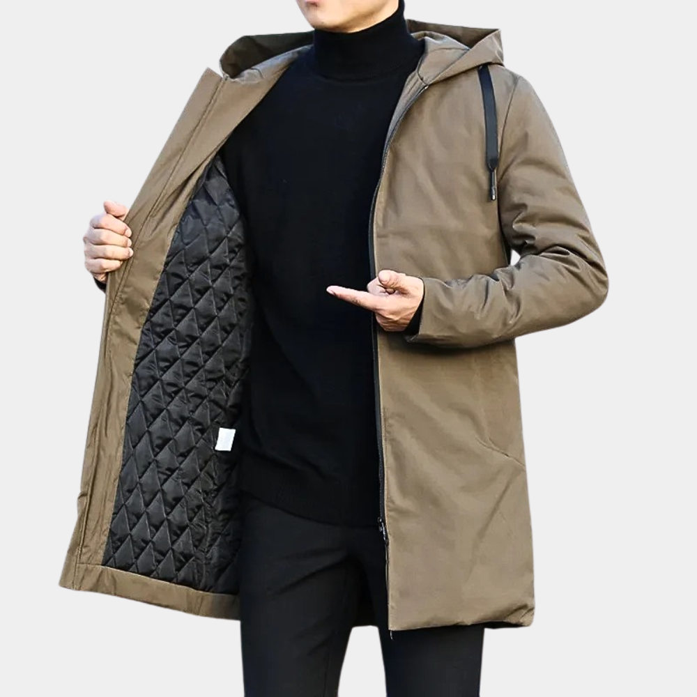 Close-up of the lined interior of a men's raincoat