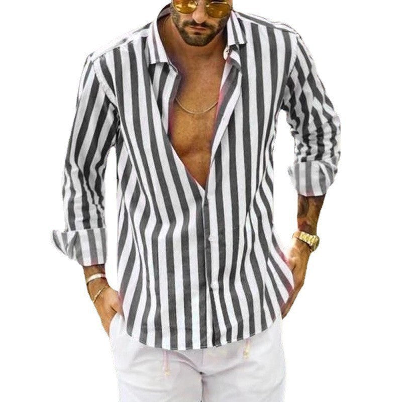 Button-front detail on a men's vertical stripe shirt