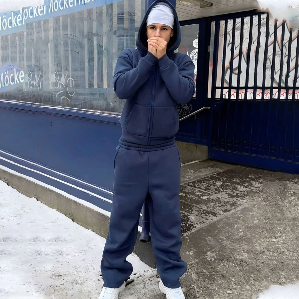 Front view of men's zip hoodie and sweatpants outfit