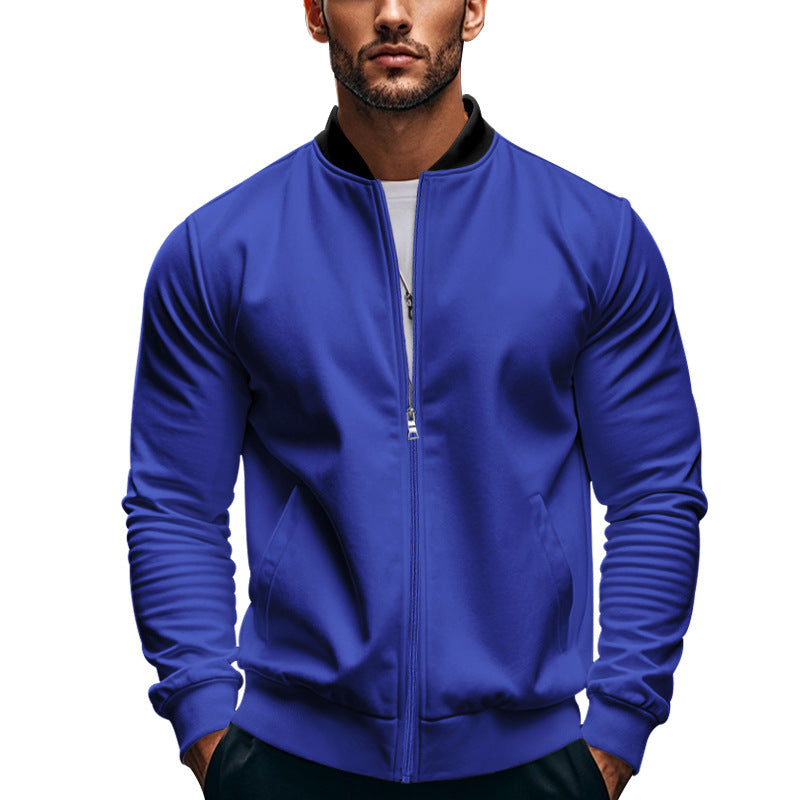 Front view of a men's slim-fit bomber jacket with long sleeves
