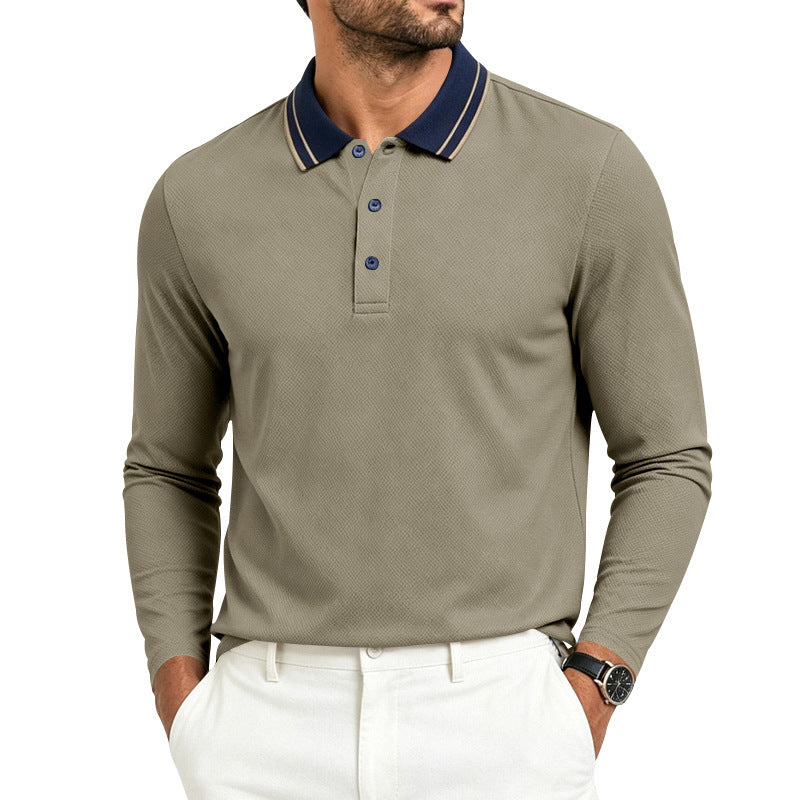Three-button placket detail on a men's pique polo