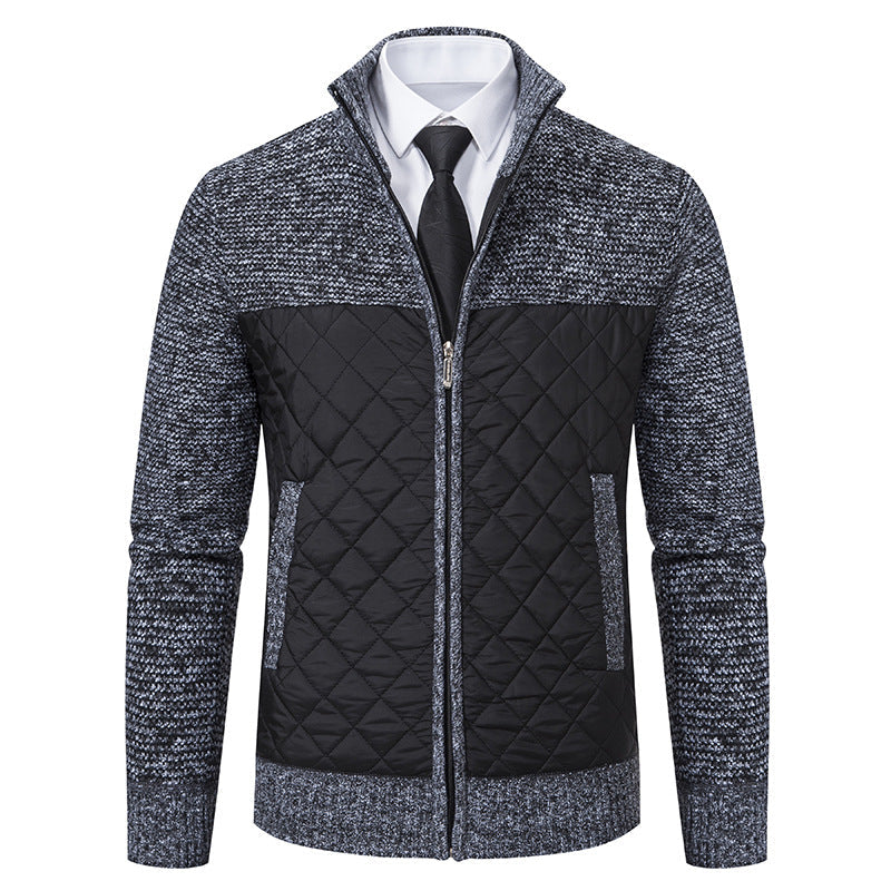Front view of a men's hybrid knit jacket with quilted panels