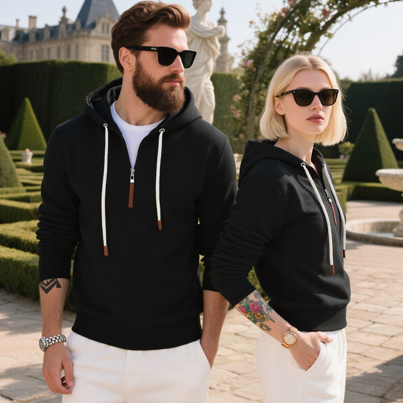 Soft fleece texture shown on a men's half-zip hoodie