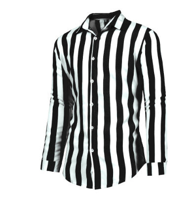 Side view showing the tailored fit of a men's striped shirt