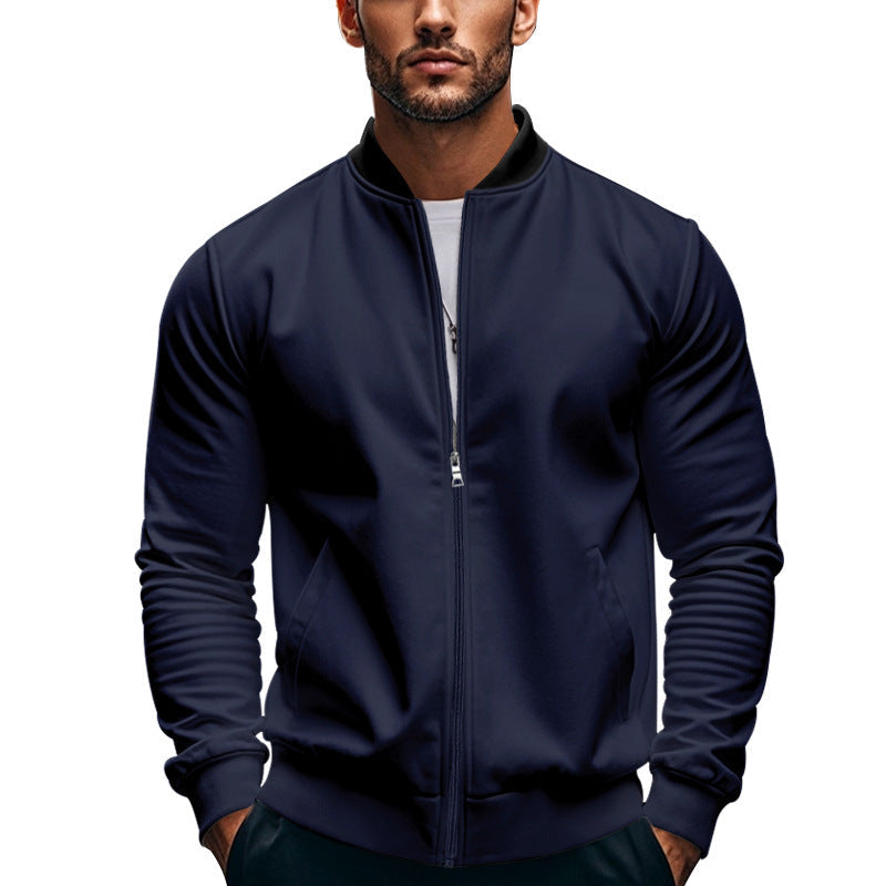 Men's bomber jacket showing the raised stand collar and zip closure