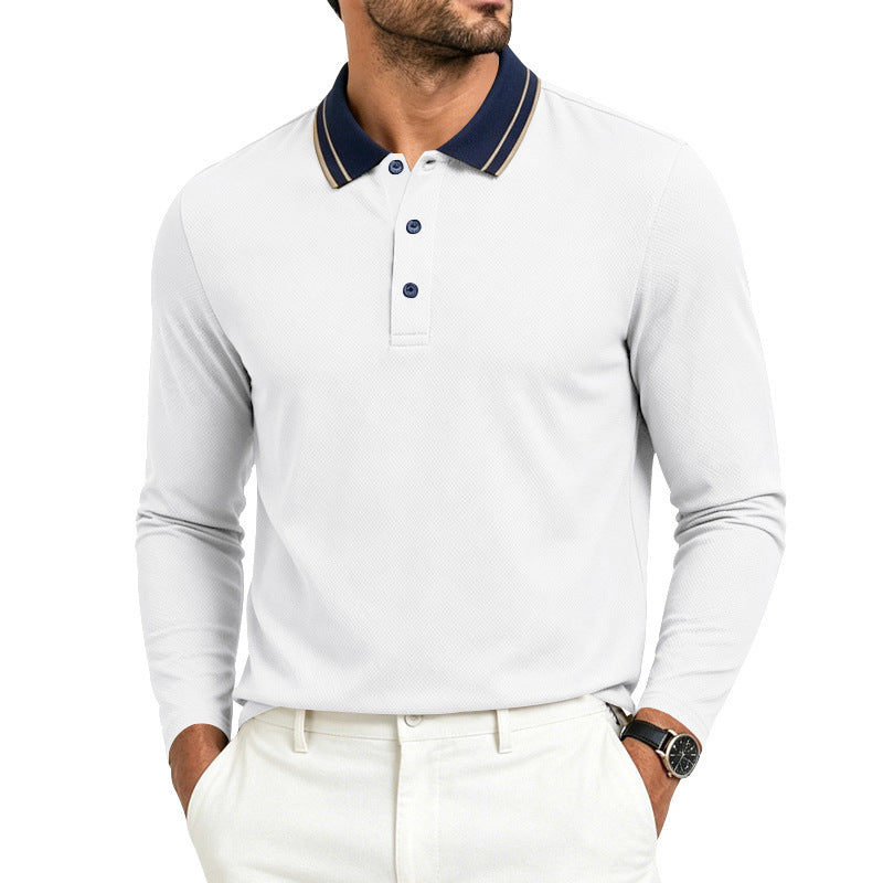 Front view of men's long-sleeve polo shirt with three-button placket