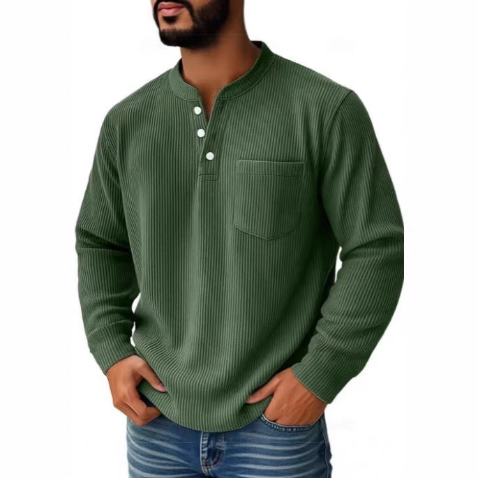 Front view of a men's waffle knit Henley shirt