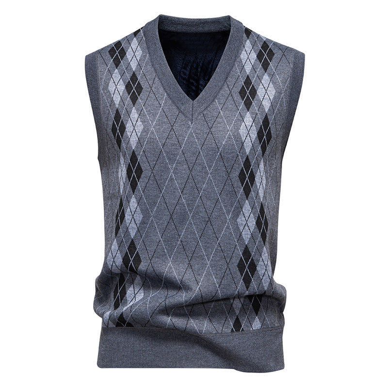 Close-up of the argyle pattern on a men's knit vest