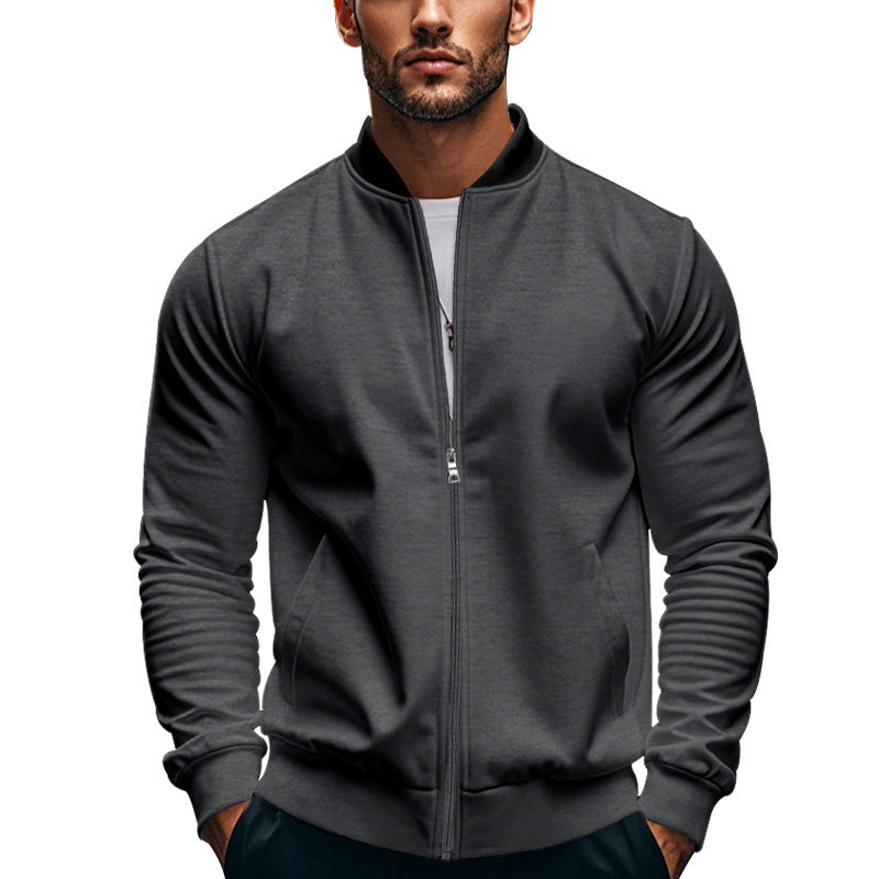 Back view of a men's casual bomber jacket with a clean design