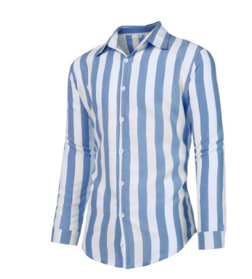 Men's vertical stripe shirt styled for a polished casual outfit
