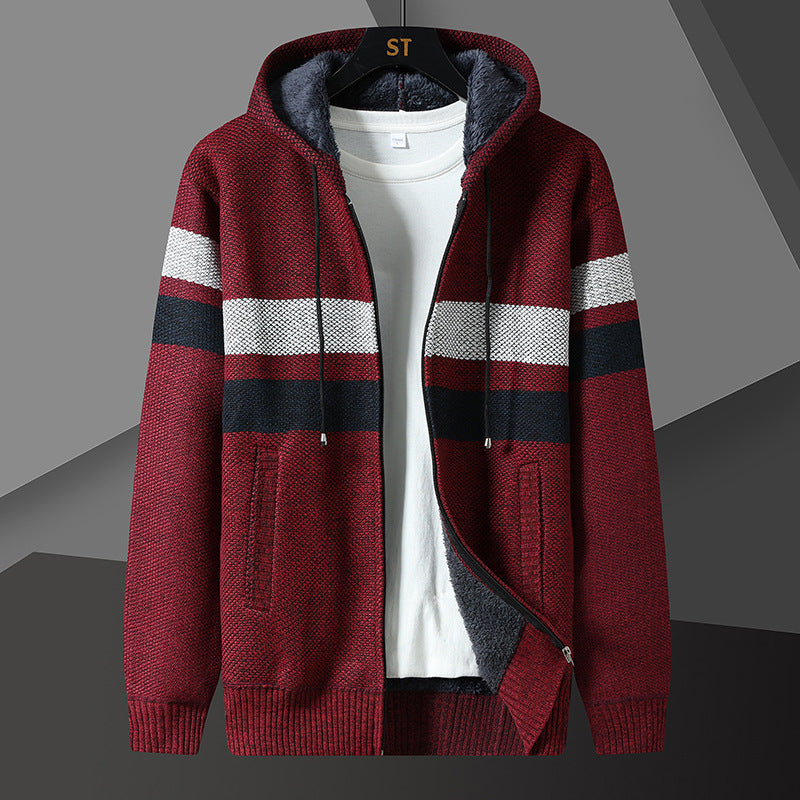 Men's teddy-lined knit hooded jacket with a full-zip front