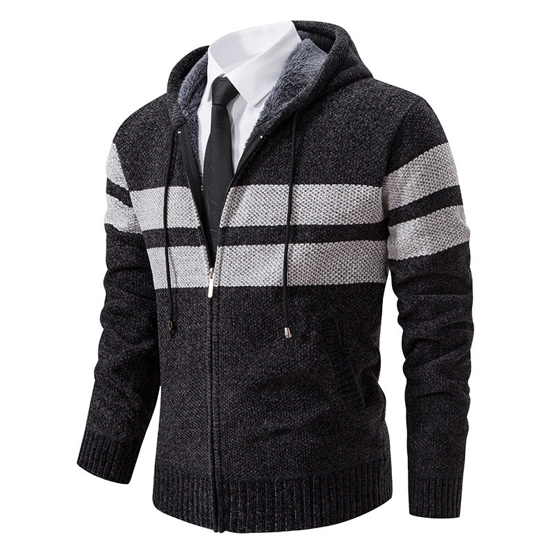 Side view of a men's teddy lined hooded jacket