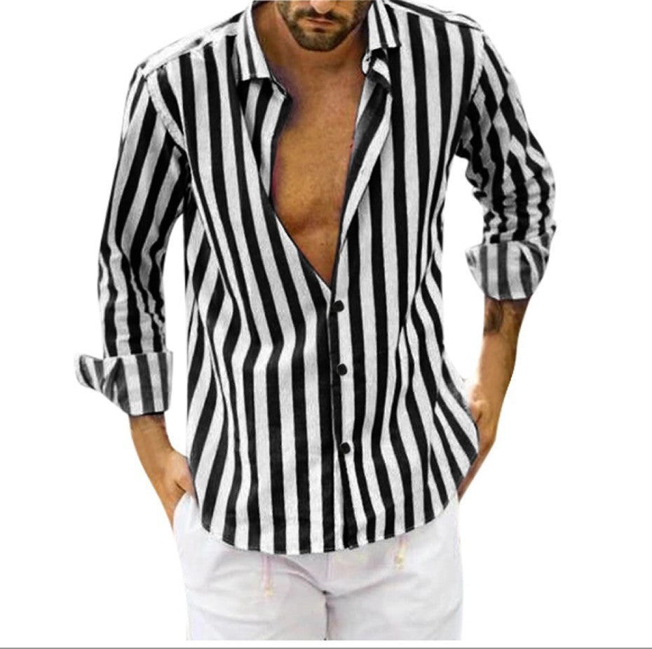 Front view of men's slim fit shirt with vertical stripe pattern