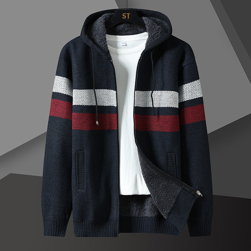Front view of a men's knit hooded jacket with teddy lining