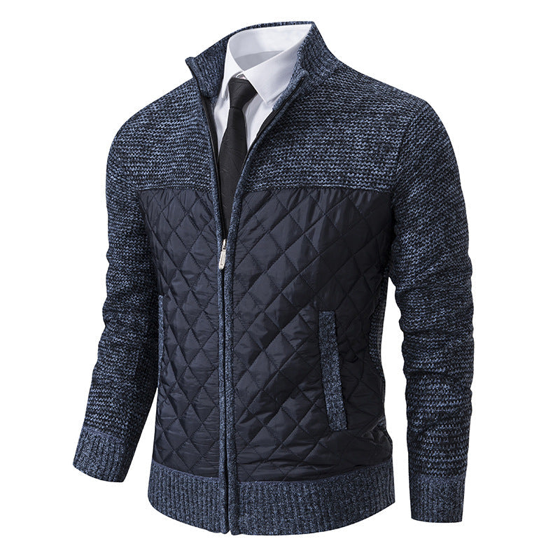 Back view of a men's quilted jacket with knit sections