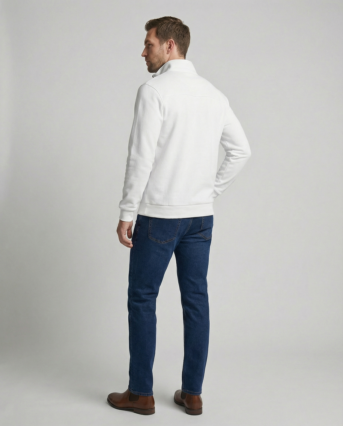 Close-up of the half-zip neckline on a men's fleece pullover