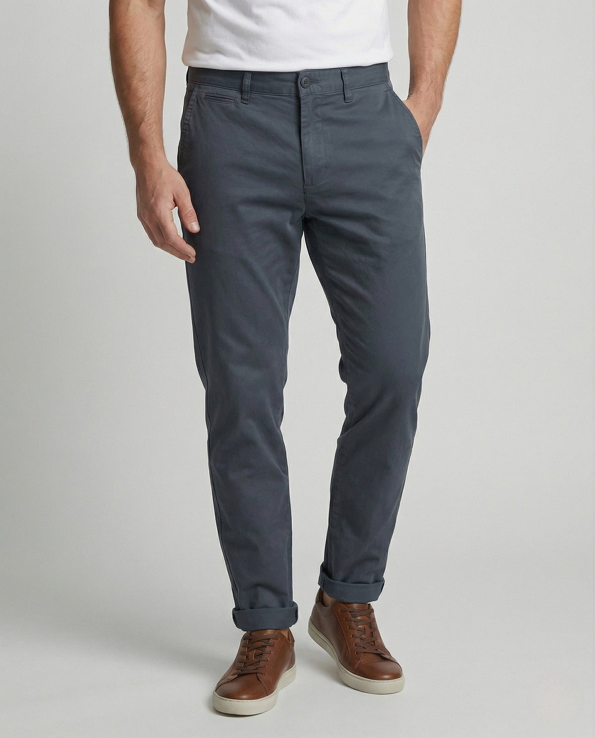 Men's fleece-lined tapered chino pants shown from the front