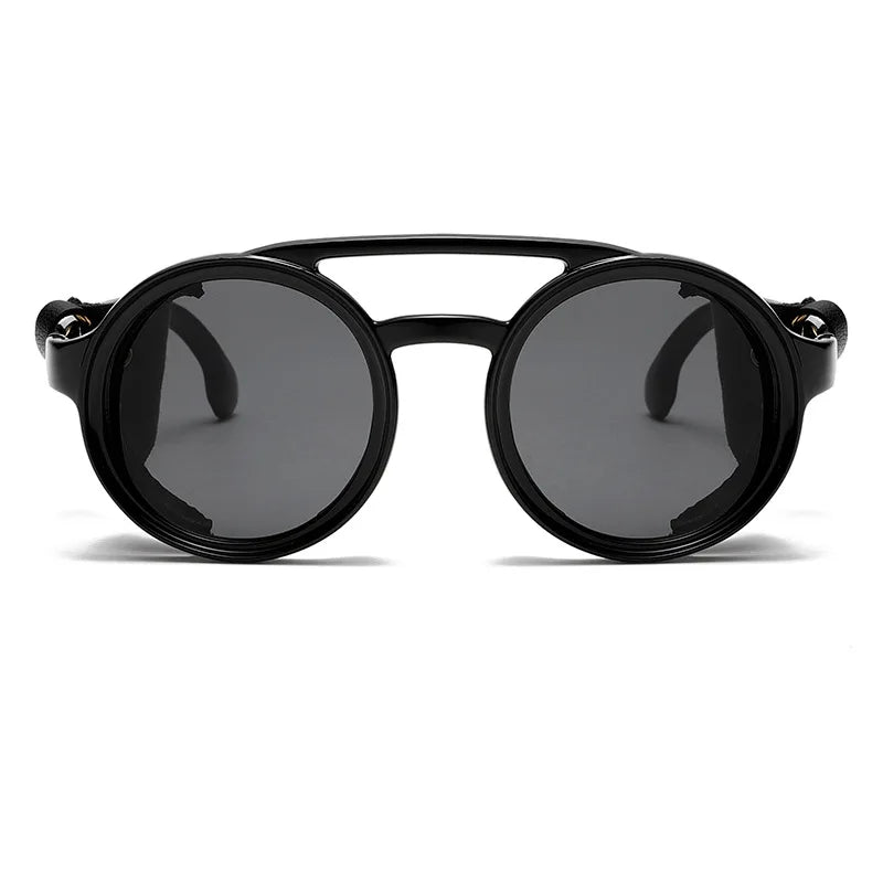 Vintage Steampunk Round Sunglasses – Retro Leather Side Shield Goggles