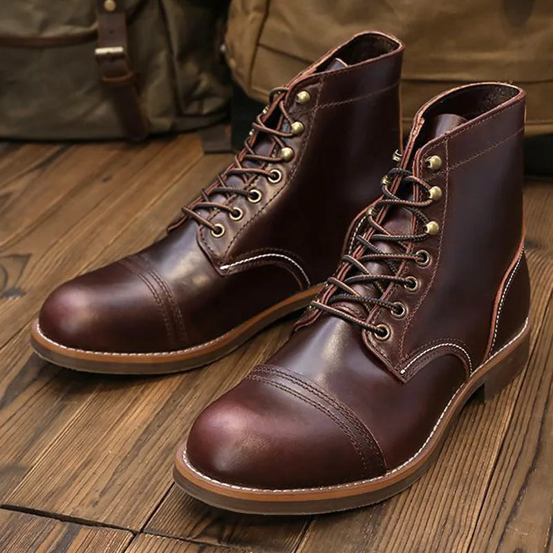 Bastien Men Vintage Leather Motorcycle Boots Cap Toe Retro High Top Work Shoes
