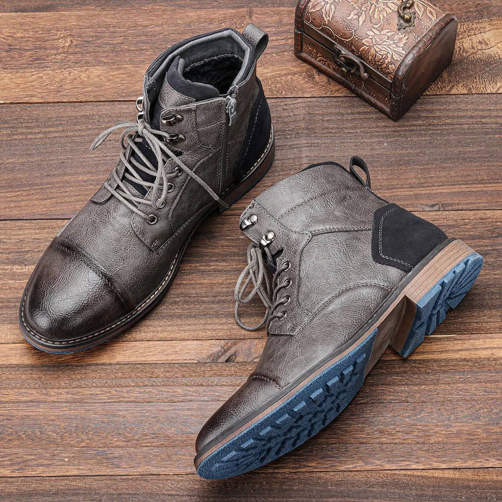 Léon Men’s Leather Ankle Boots – Lace-Up Casual Vintage Style Boots