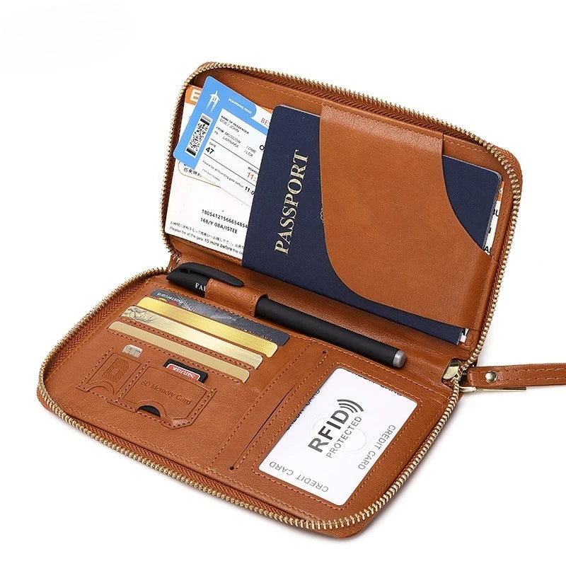 RFID Blocking Passport Holder Travel Wallet with Zipper & Wrist Strap