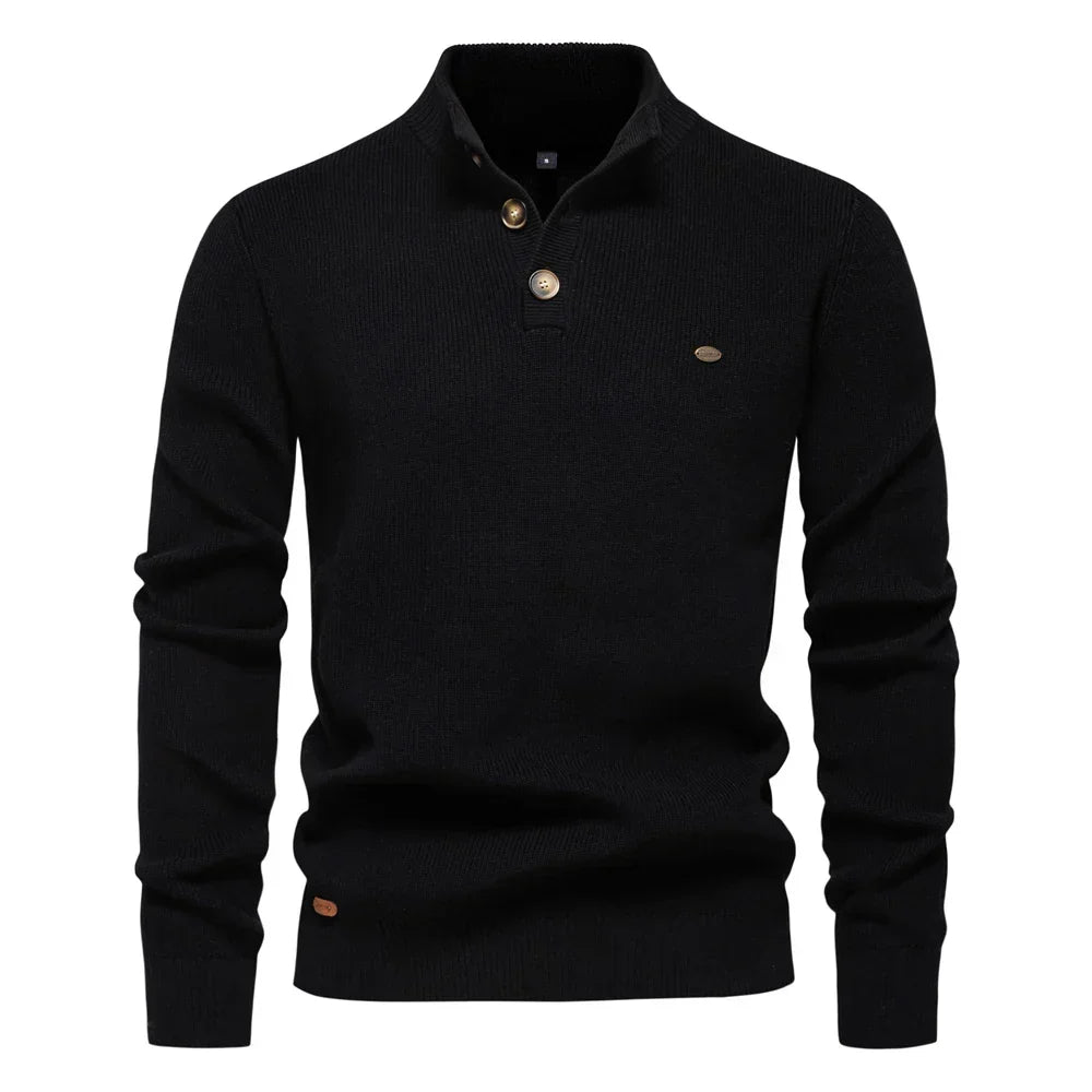 Men's sweater displaying its button-front closure