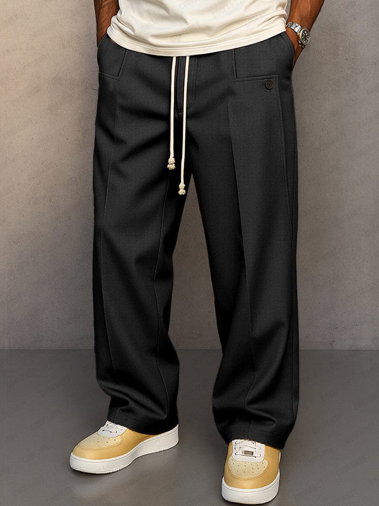 Full-length view of straight-leg drawstring trousers