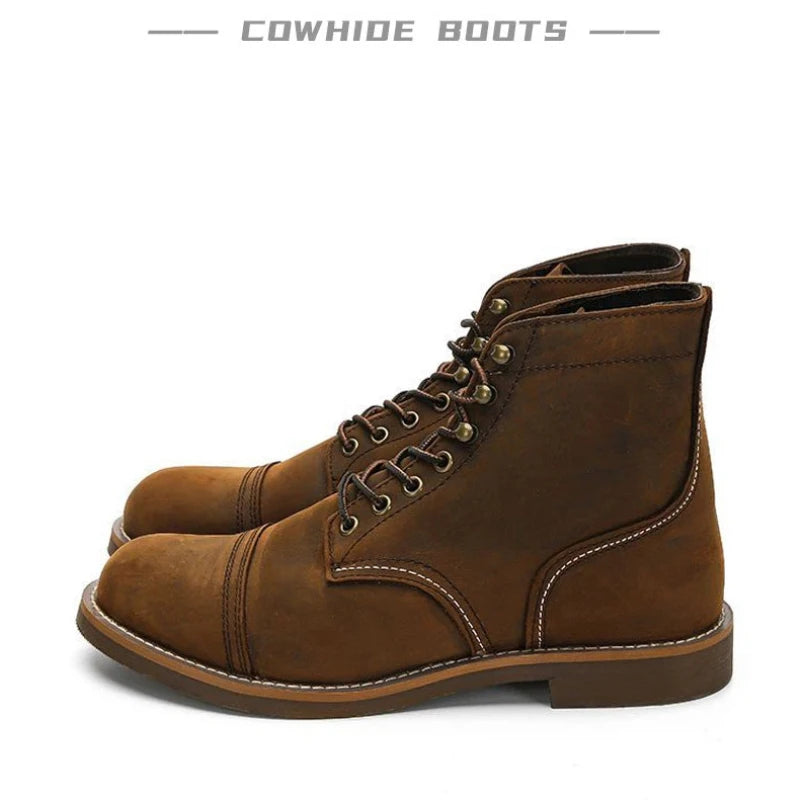 Bastien Men Vintage Leather Motorcycle Boots Cap Toe Retro High Top Work Shoes