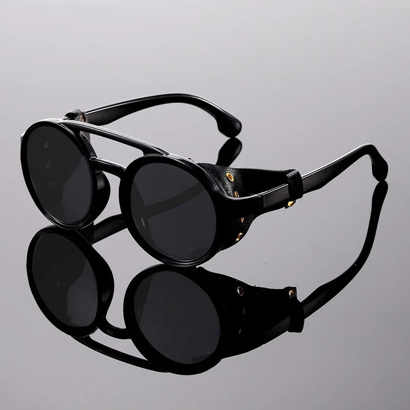 Vintage Steampunk Round Sunglasses – Retro Leather Side Shield Goggles