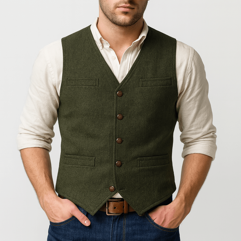 Men's vest featuring a textured tweed-style fabric and neat lapels