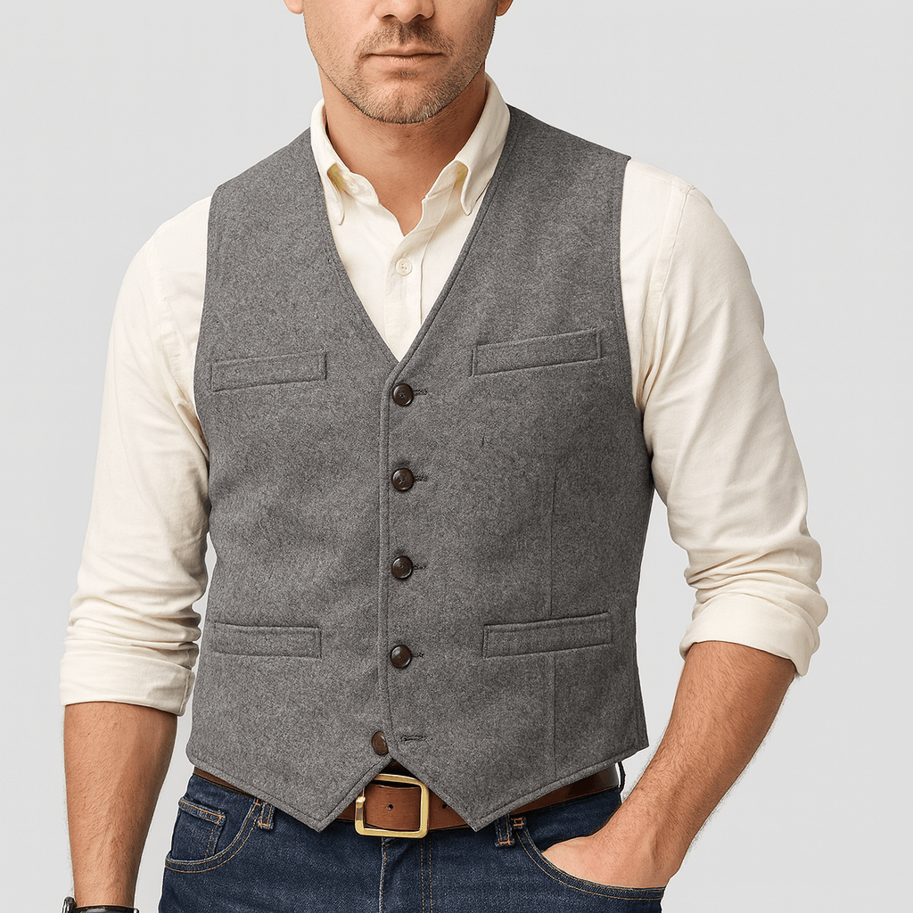 Close-up of the buttons and textured fabric on a men's tweed-style vest
